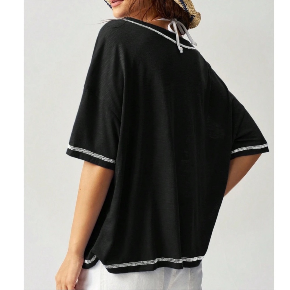 Solid Reverse Stitch V Neck Oversized Tee Top S M… - image 5